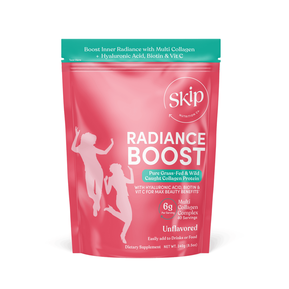 Skip Nutrition Co,,Radiance Boost -  Multi Collagen with Vitamin C, Hyaluronic Acid &amp; Keratin 240g Pouch (Unflavored)